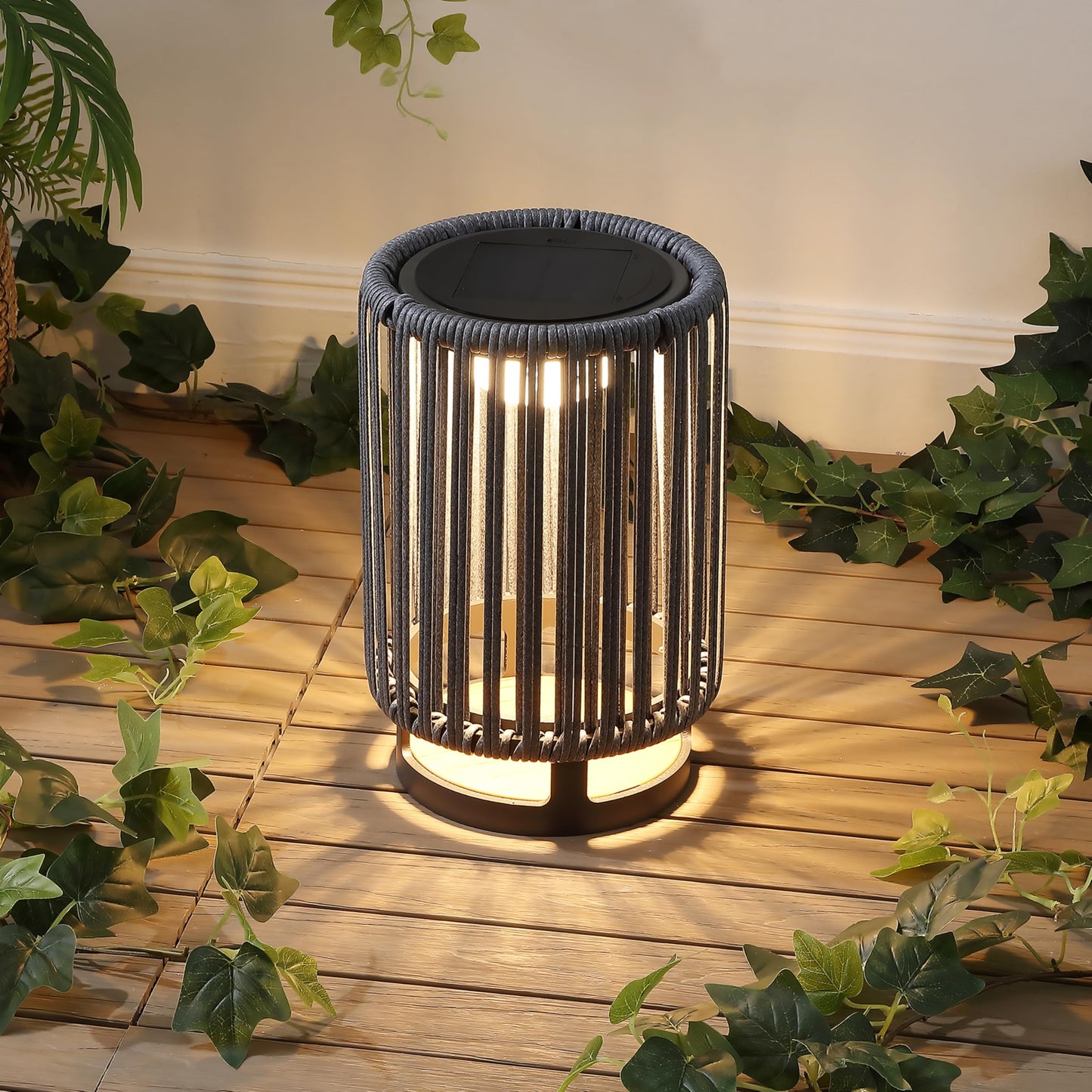 JONATHAN Y 12.5" Charcoal/Black Modern LED Solar Powered Outdoor Lantern, 8.5" x 13" with Faux Rattan Shade, USB-C Rechargeable Cordless Light for Patio Deck Porch Garden JYL2602A