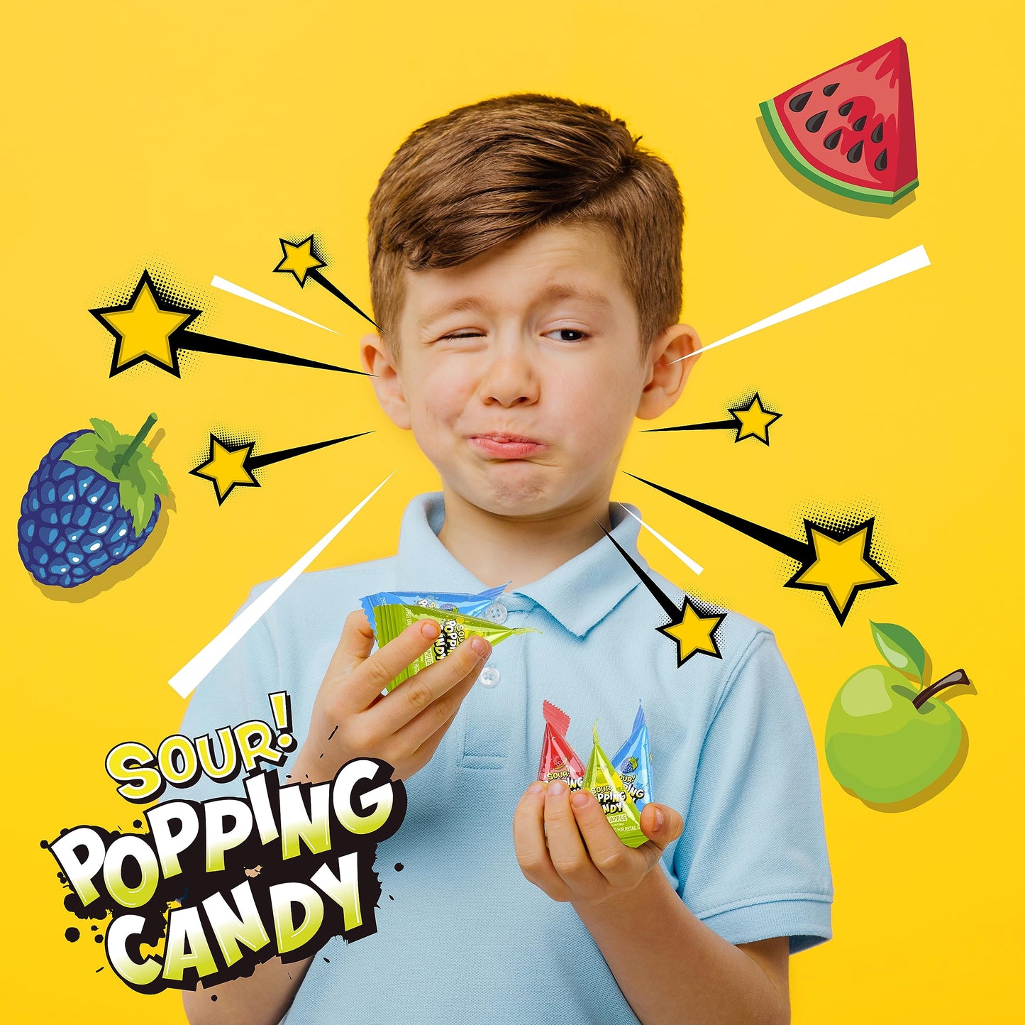 WarheadsSour Popping Rocks - 40 Count Bag - Sour Popping Halloween Candy Individually Wrapped - Assorted Fruit Flavors - Triangle Pouches - Blue Raspberry, Watermelon, Green Apple