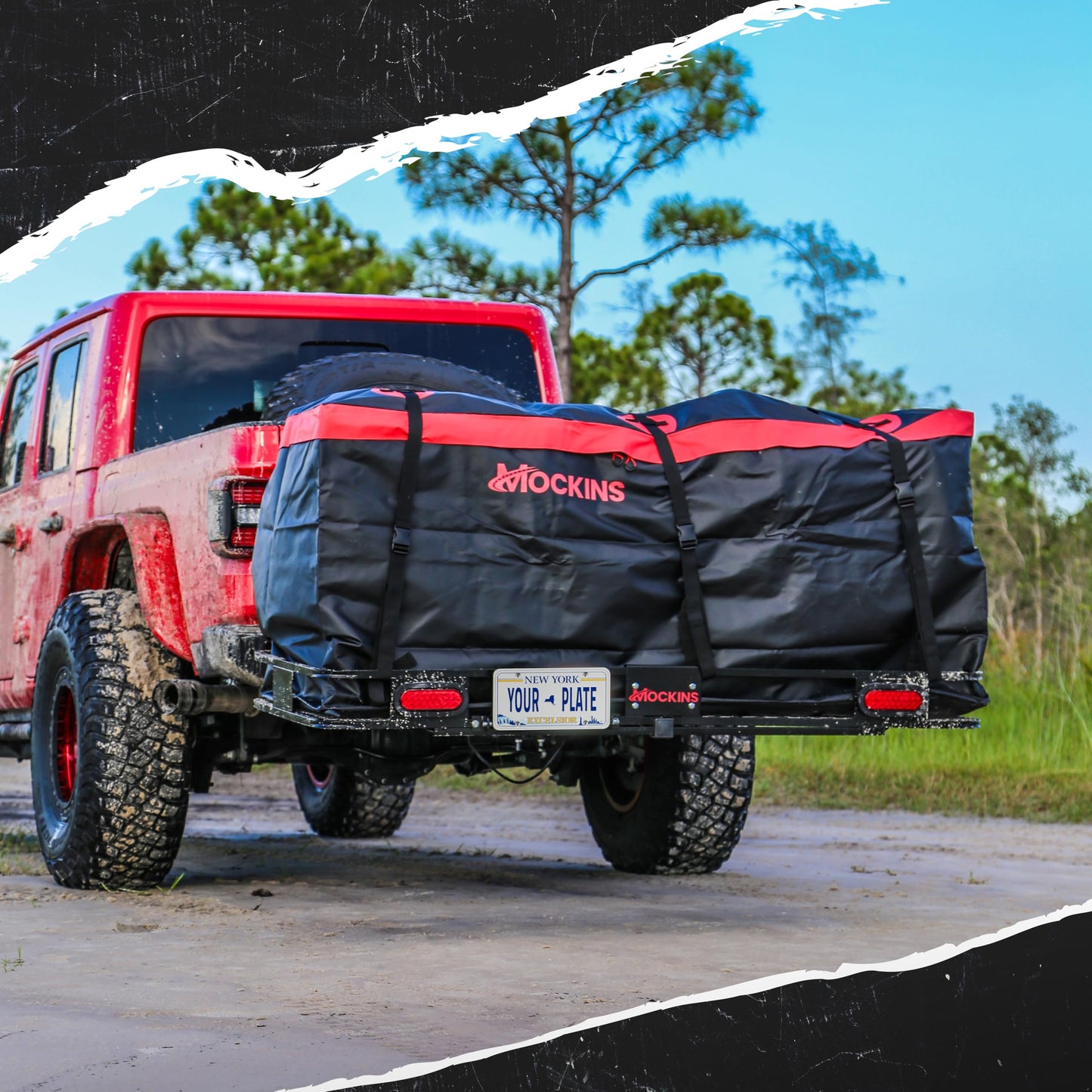 Mockins 70"x30"x6" XXL Folding Trailer Hitch Cargo Carrier w/Rear Lights, Plate Bracket & 40 CuFt Waterproof Cargo Bag for Hitch Carrier | 500 Lbs Cap Luggage Rack for SUV Car & Truck w/Accessories