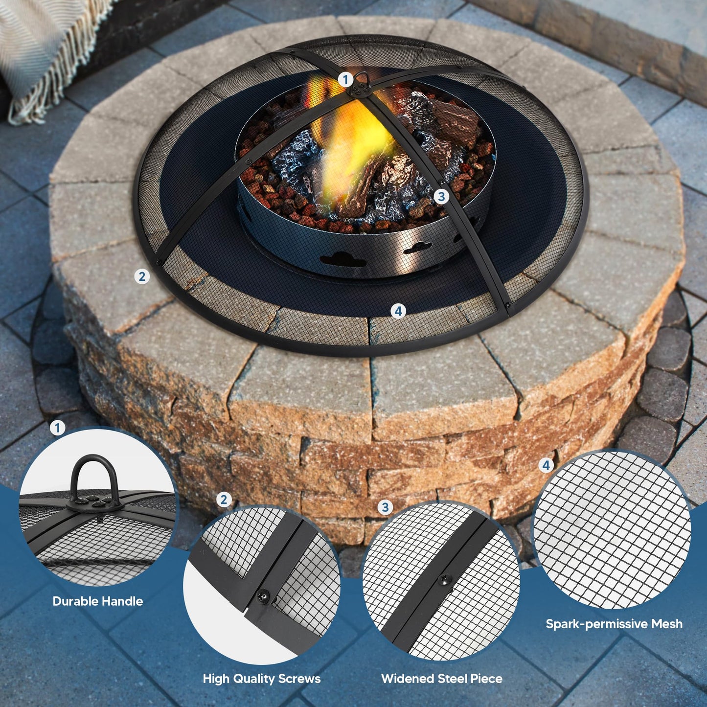 SUNCREAT Outdoor Fire Pit Spark Screen Cover Accessory, 40 Inch Patio Round Fire Mesh Screen Guard, Heavy Duty Steel Firepit Ember Lid, 40 Inch