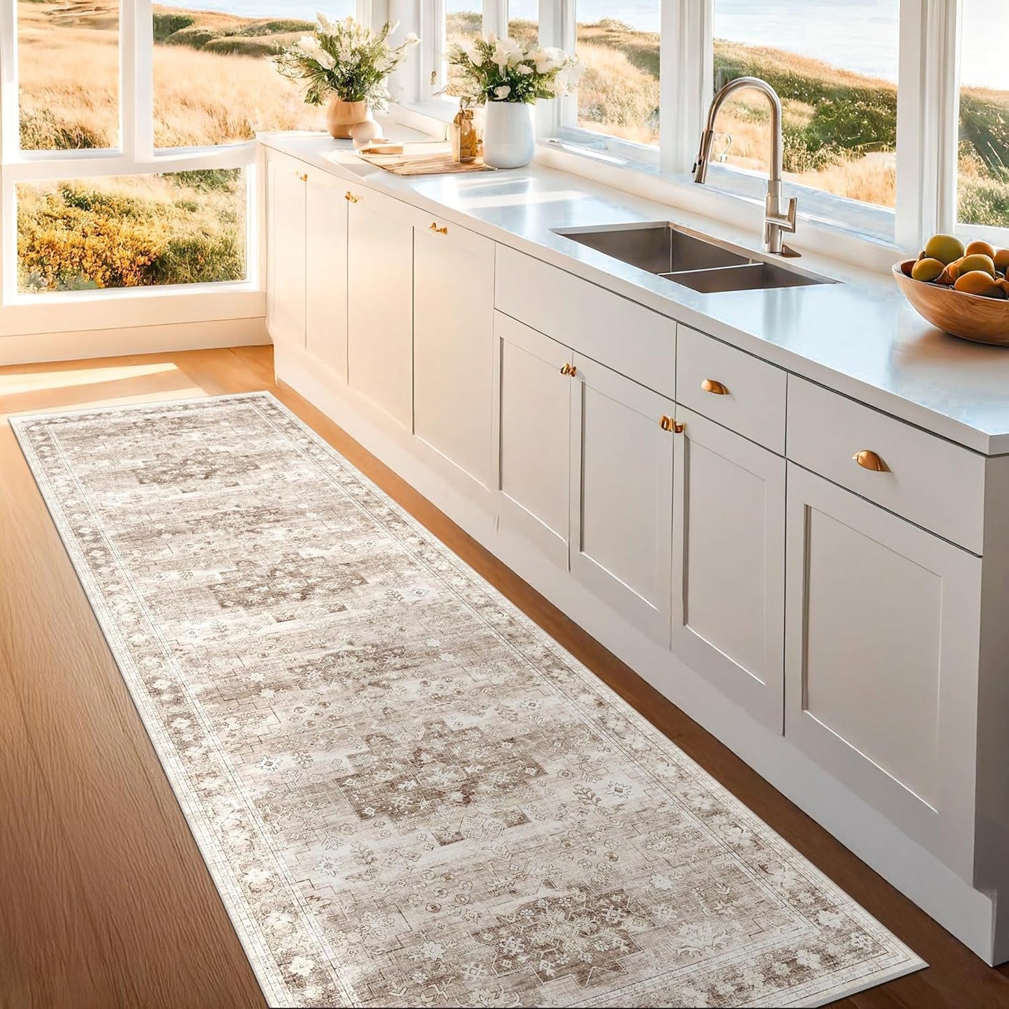 Regine Switzerland Extra Long Runner Rug - Beige Washable Non-Slip Floor Mat | Stain Resistant 2'6"x10' for Hallways
