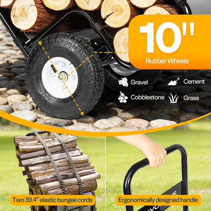 VIVOHOME Firewood Log Cart Carrier with Cover and 600D Oxford Cloth, 250 LB Capacity Heavy Duty Steel Log Carrier Dolly Hauler, Rolling Wood Rack Storage Mover for Easy Transport Indoor Outdoor Use