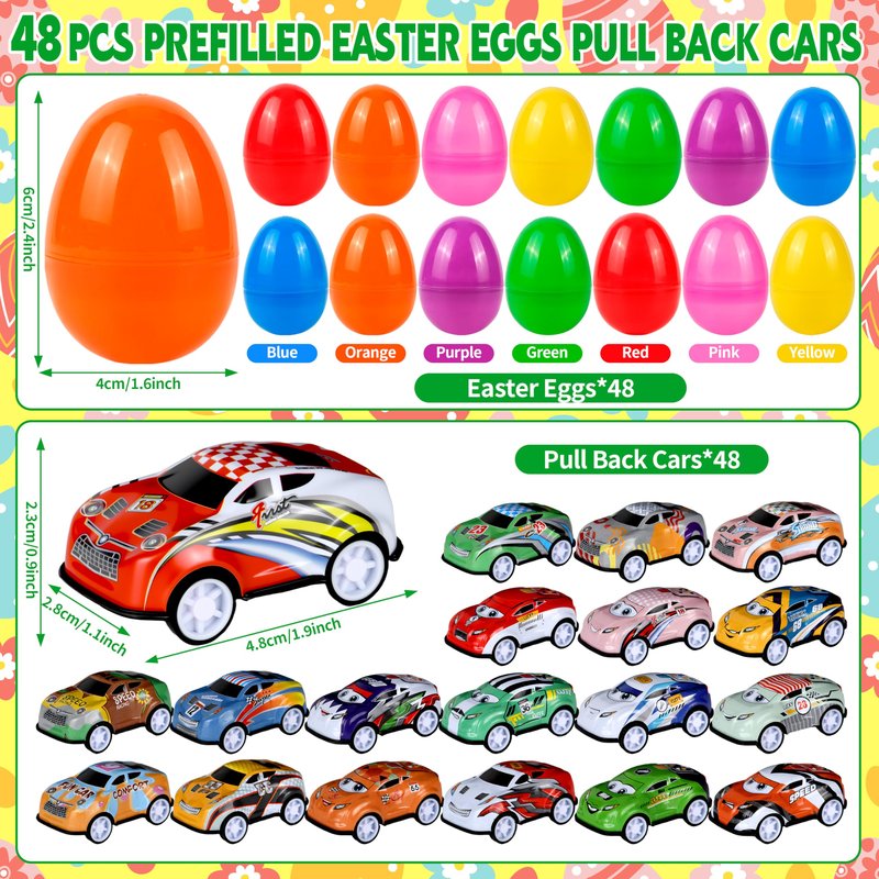 Seifar 48 Pack Prefilled Easter Eggs Filled with Pull Back Cars, Eggs with Racing Vehicle Inside, Easter Hunt Basket Stuffers Party Favors Classroom Prizes Gift for Kids Girls Boys