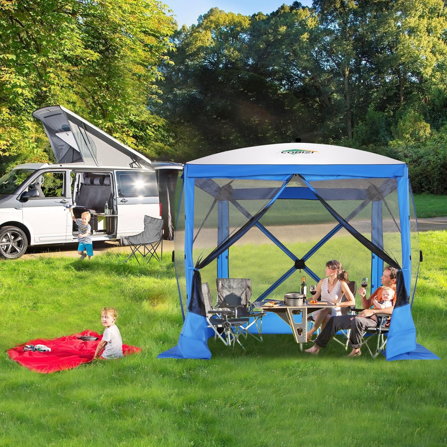 COBIZI 6x6 Pop up Gazebo Tent on Clearance, Ez up Waterproof Screen Tent Screen House with 3 sidewalls,Portable Outdoor Canopy with Carry Bag & Ground Stakes for Camping,Garden and Picnics, Blue