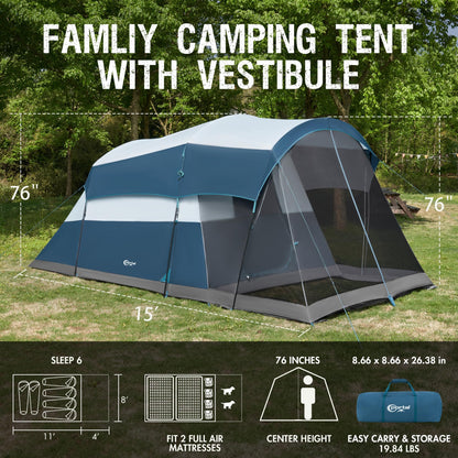 Portal 6 Person Family Camping Tents with Screen Porch, Weater Resistant 7' Tall Tent with Rainfly & Upgrated Poles, Easy Setup Tent for Outdoor Family Camping