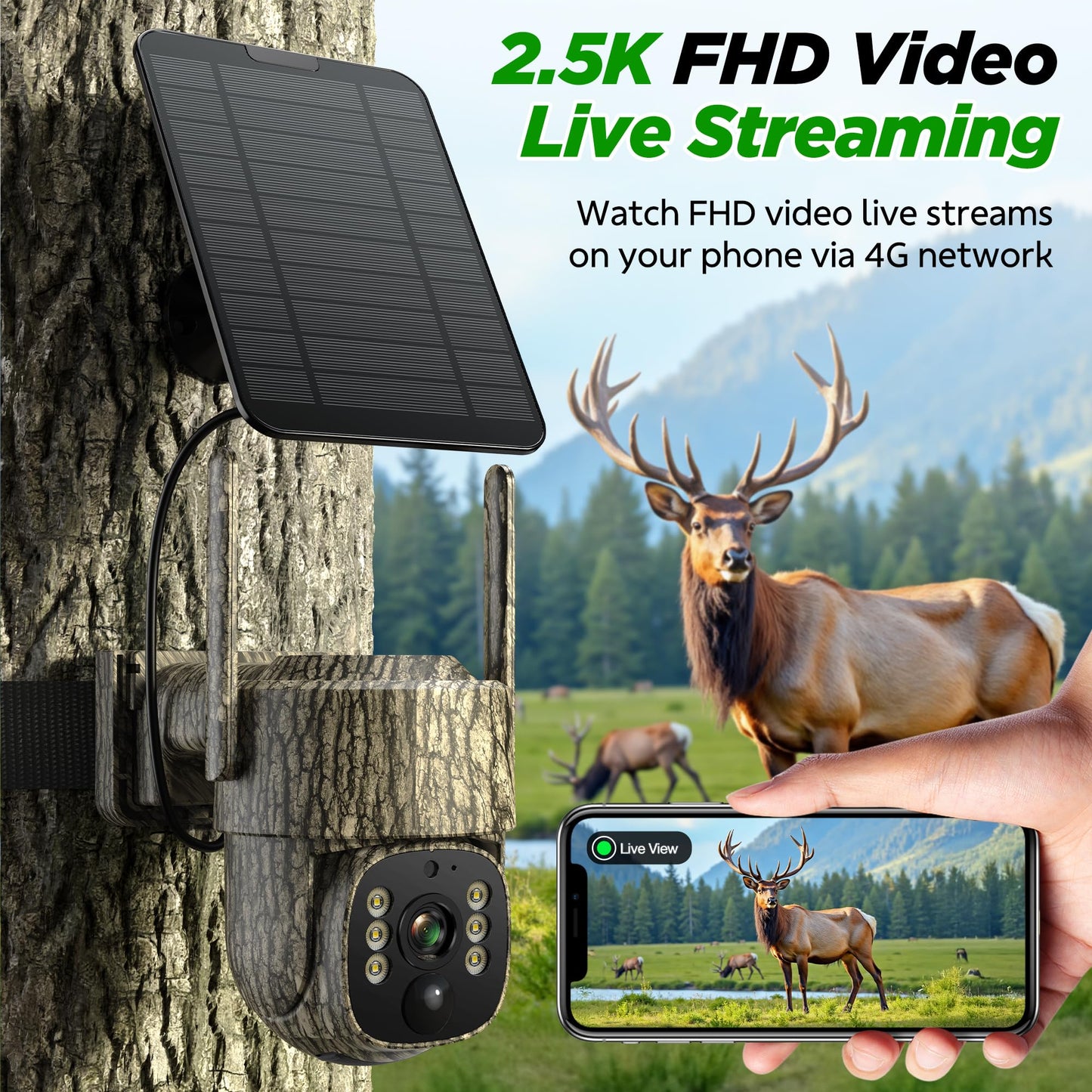 VOOPEAK Trail Camera, 4G LTE Cellular Game Cameras with 360° Live Streaming, 2.5K Wildlife Hunting Camera Solar Powered, Security Camera Built-in SIM Card, Night Vision, Motion Activated, Waterproof