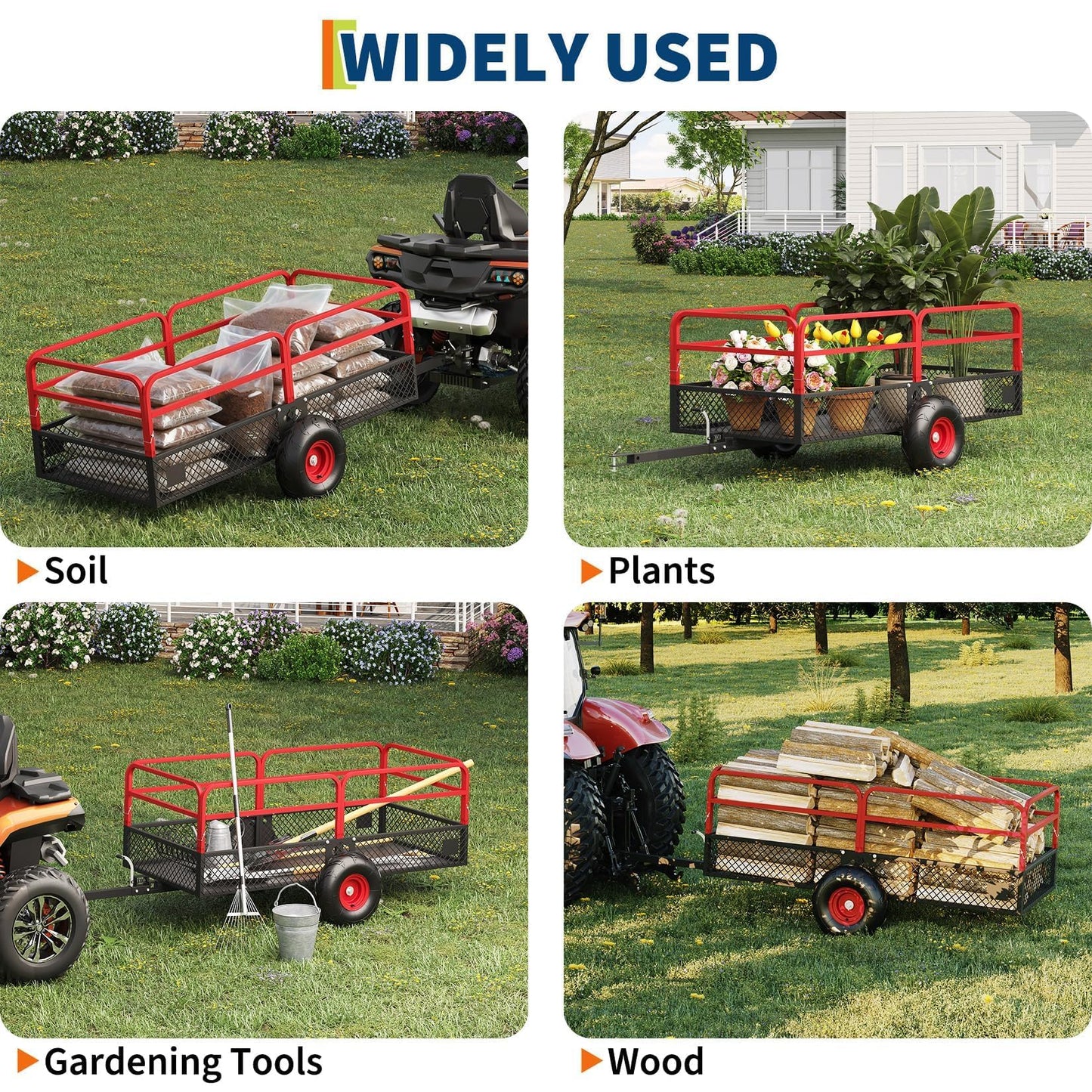 ATV UTV Trailer Tow Behind Dump Cart, 1600 lbs 22 Cubic Feet Heavy Duty Yard Garden Trailer Pull Behind with Removable Sides & All Terrain Tires, Fits Lawn Mower, Tractor, Garden
