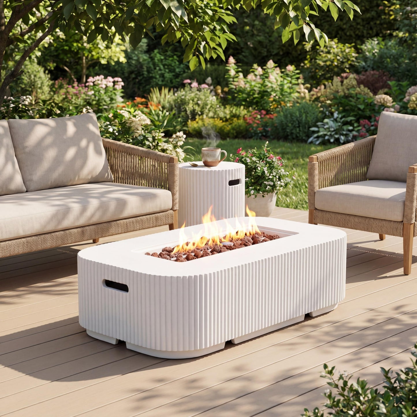 Christopher Knight Home 48.2 Inch Outdoor Rectangular Fire Pit Set with Tank Cover Side Table, MgO Concrete Propane Fire Pit 50000 BTU, White Modern Patio Heating Table Set