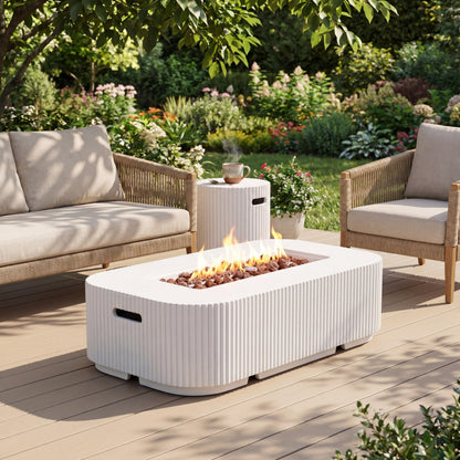 Christopher Knight Home 48.2 Inch Outdoor Rectangular Fire Pit Set with Tank Cover Side Table, MgO Concrete Propane Fire Pit 50000 BTU, White Modern Patio Heating Table Set