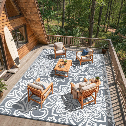 Findosom Waterproof Outdoor Rug 9' x 18' - Reversible Mandala Outdoor Plastic Straw Rug, Durable Foldable Patio Rug for RV, Deck, Balcony, Backyard, Picnic, Porch, Camping, Beach, Gray