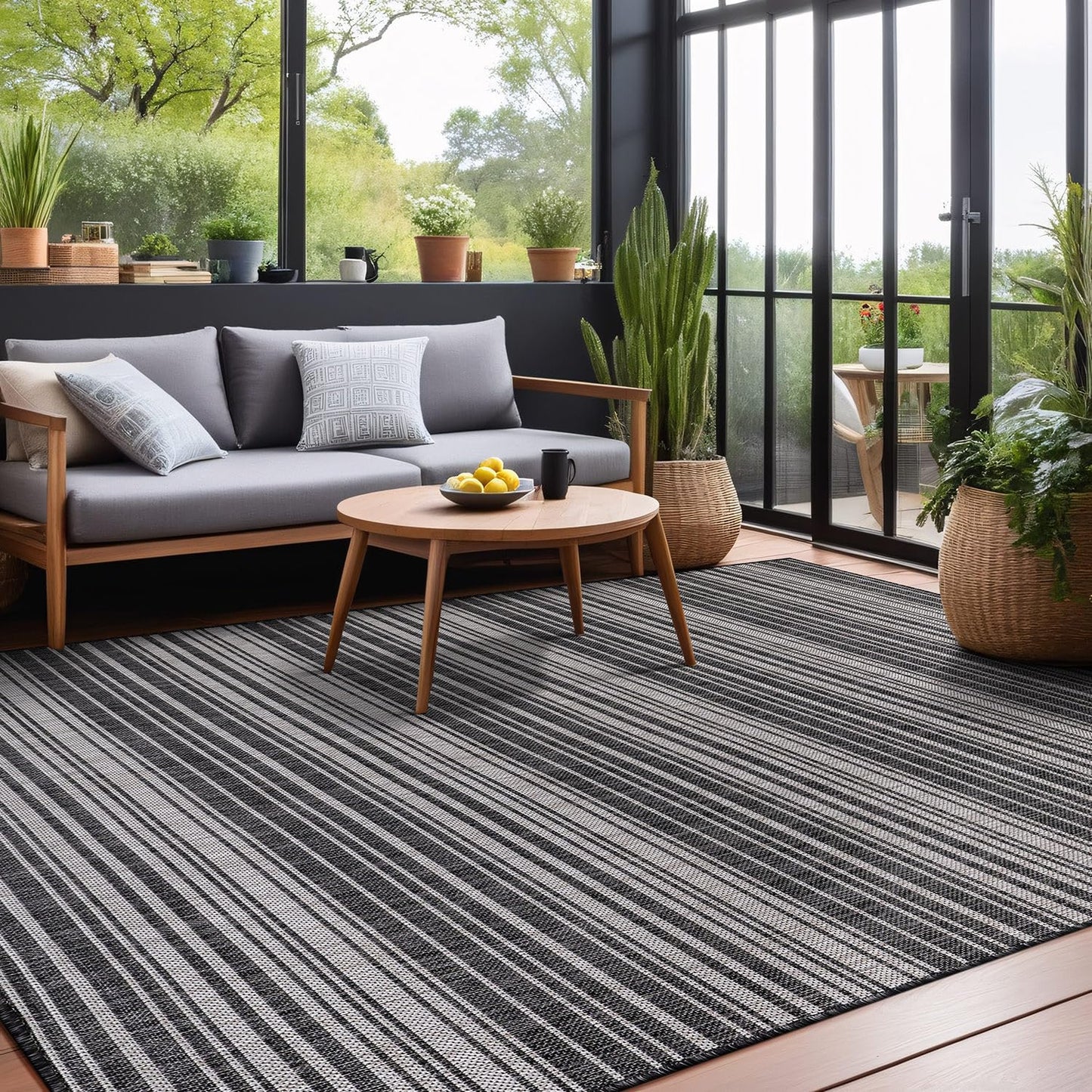 Luul Home Stripe Outdoor Rug 10x14 Washable Outside Carpet for Indoor Patio Porch Waterproof Easy Cleaning Non Shedding Area Rugs Dark Gray 10 x 14
