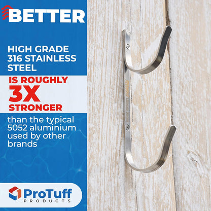 ProTuff Pool Pole Hanger Set - 2 Pack of Rust-Proof Stainless Steel Hooks - Easy Install for Poles, Nets & Skimmers