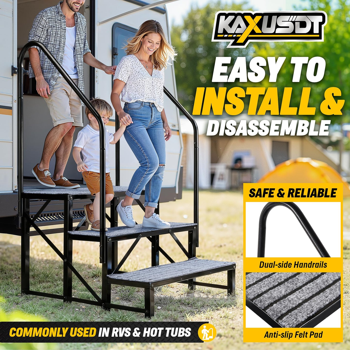 3 Steps Hot Tub RV Steps with Dual Handrail, 𝟐𝟎𝟐𝟔 𝐔𝐩𝐠𝐫𝐚𝐝𝐞𝐝 Portable Mobile Home Stairs Steps with Reinforced Crossbeams on Both Sides, 660lbs, Outdoor RV Camper Entry Steps w/Non-Slip Mats