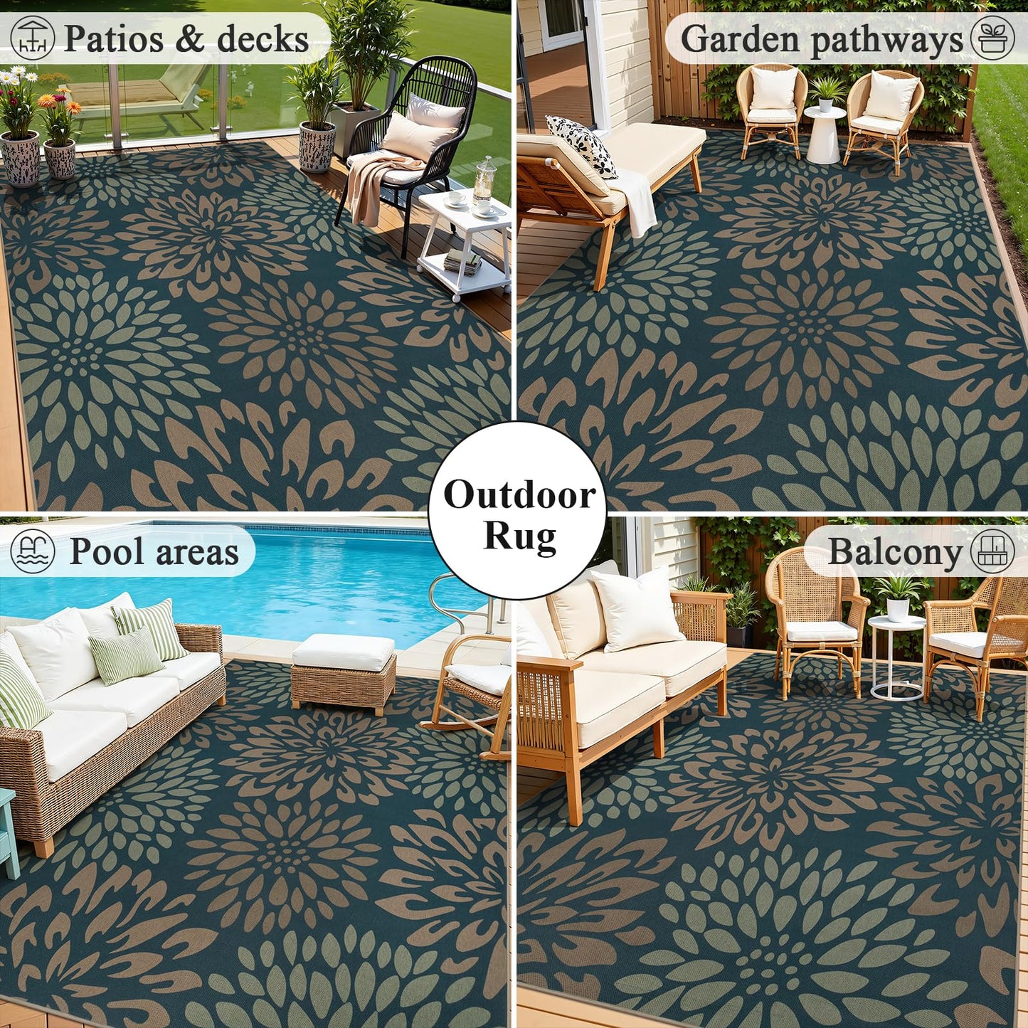 HEBE Easy Jute Area Rugs 8x10ft, Large Outdoor Rug for Patios Non Slip Washable, Floral Floor Carpet for Indoor Outdoor Bedroom Dining Room Balcony Porch