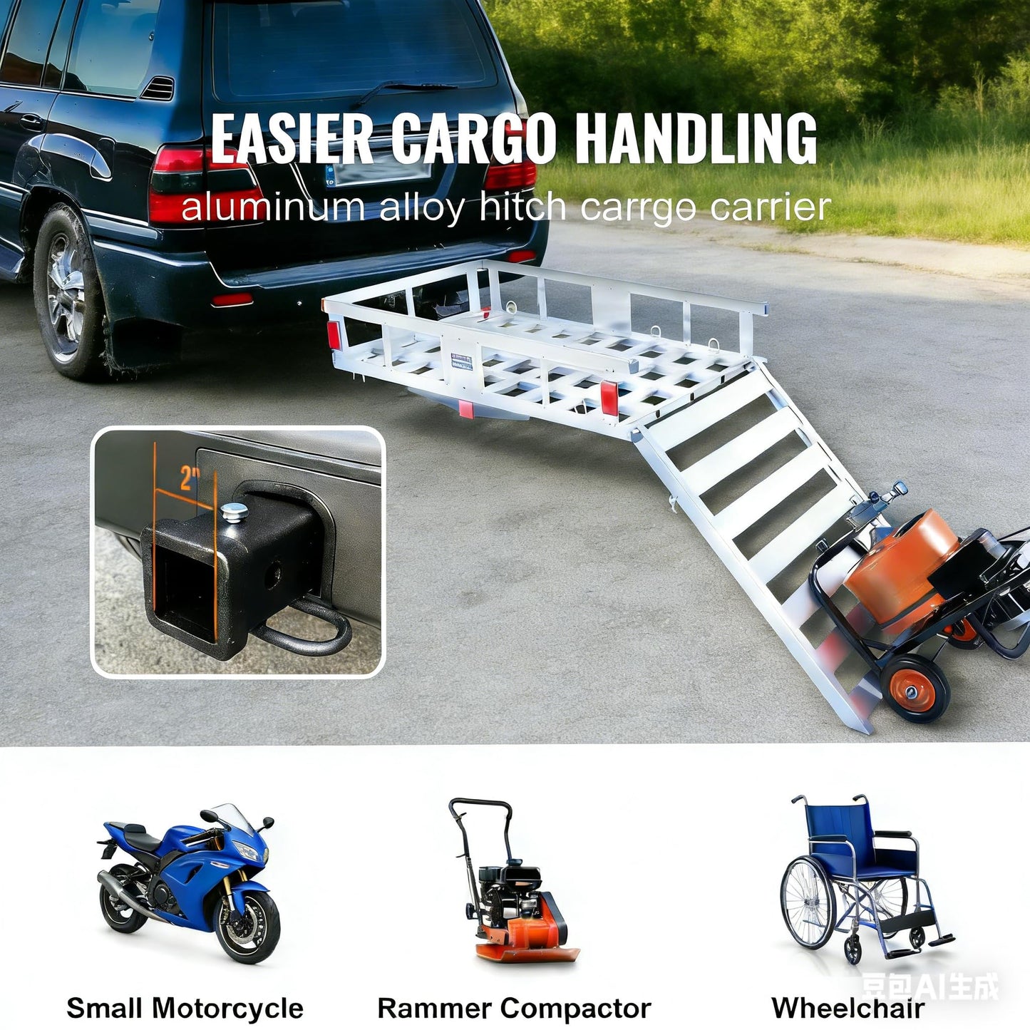 LOEZORA 500LB Hitch Cargo Carrier with Folding Ramp, 50 x 29.5 Inch Aluminum Cargo Basket, Heavy Duty Trailer Hitch Mounted Rack for 2" Receiver, SUV Truck Van
