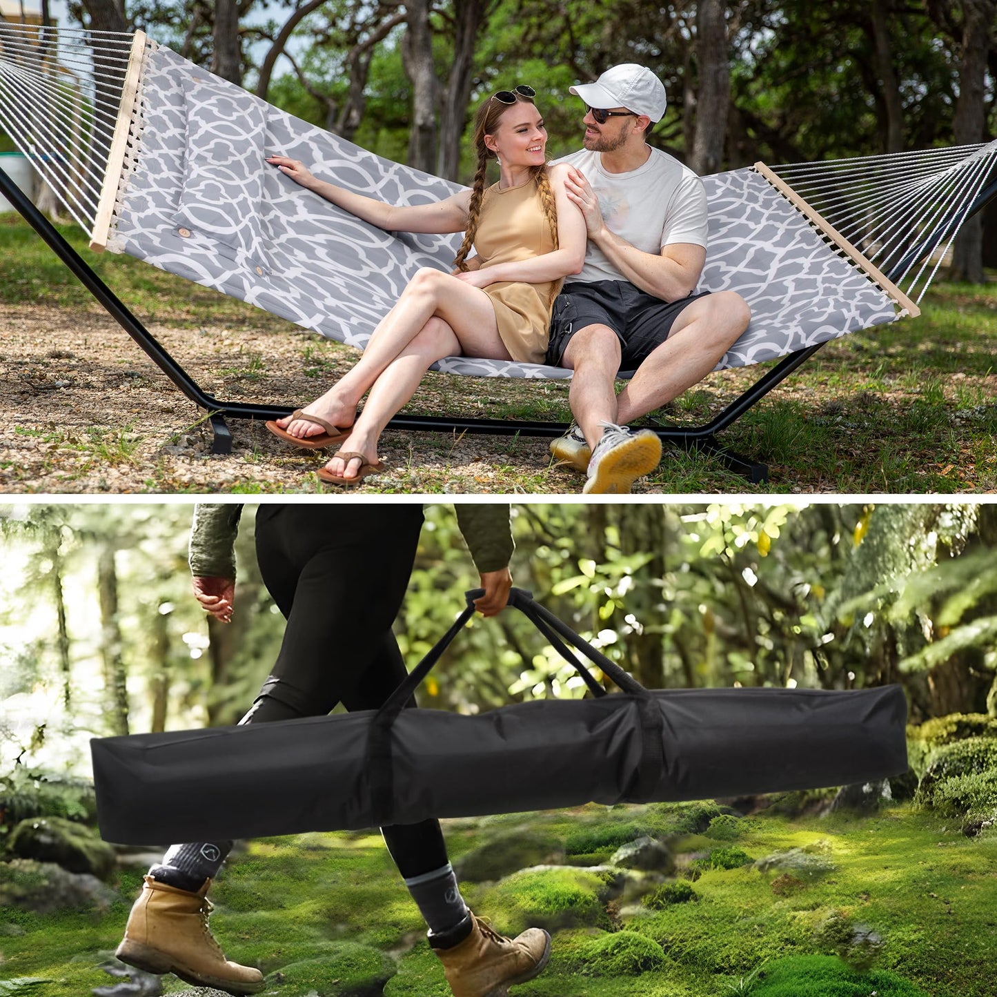 SUNCREAT Double Portable Hammock with Stand Included and Hammock Storage Bag Heavy Duty Hammock Cover
