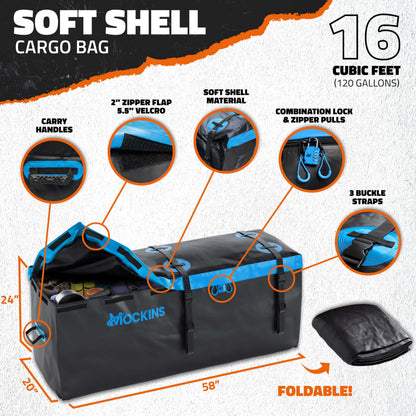 Mockins 60"x20"x6" Heavy Duty Trailer Hitch Cargo Carrier w/ 16 Cu Ft Waterproof Cargo Bag & 4 Packing Cubes | 500 Lbs. Capacity Folding Luggage Rack for SUV Car Truck & RV w/Hitch Basket Accessories