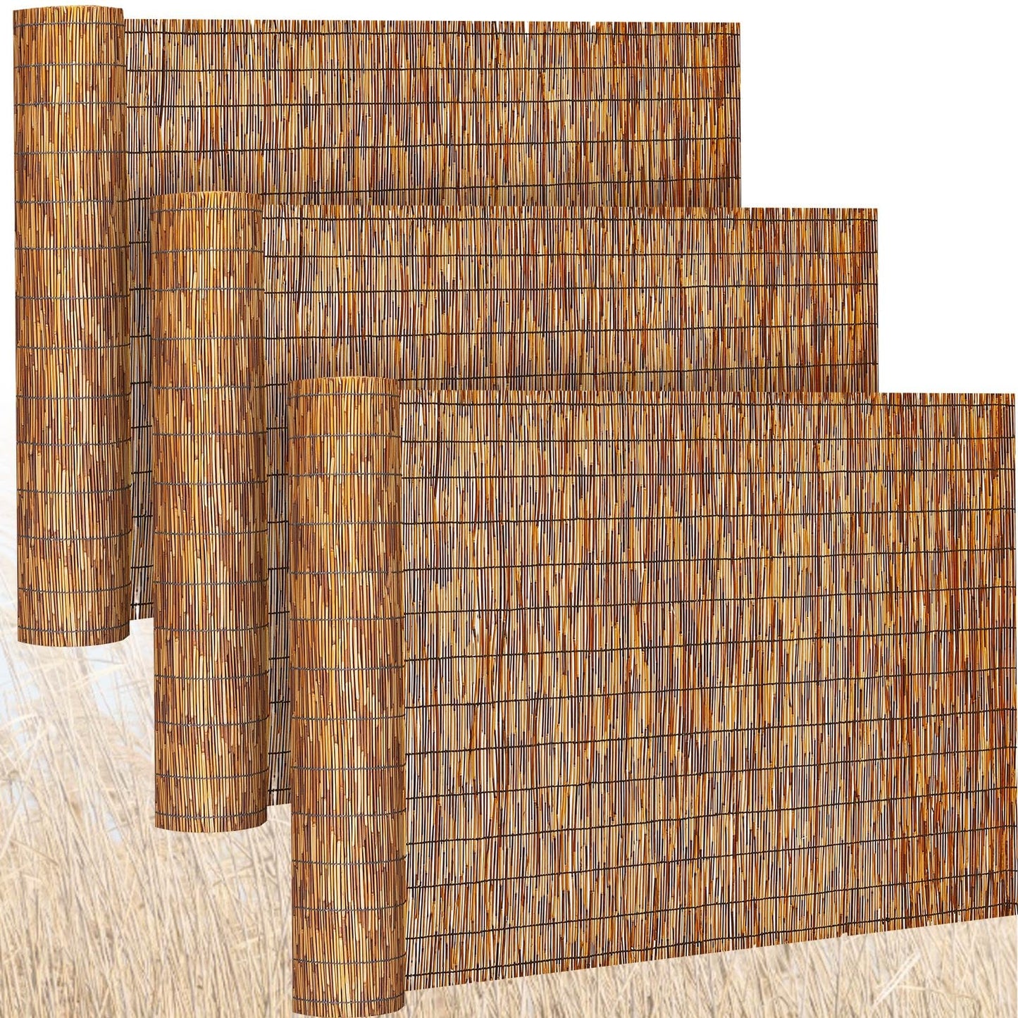 Barydat 3 Pcs 4 x 16.4 ft Reed Fence Roll, 85% Shade Bamboo Privacy Screen, Natural Decorative Reed Fencing for Outdoor Garden Backyard Patio Balcony