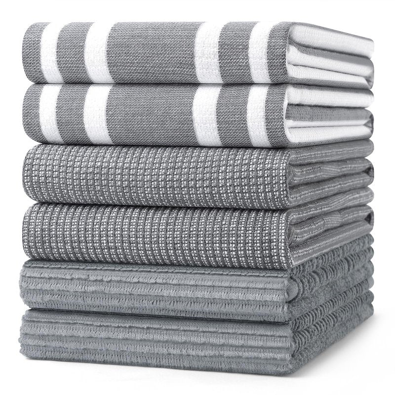 Homaxy Premium Kitchen Towels(18”x 28”, 6 Pack), Large Cotton 380 GSM Kitchen Hand Towels, Soft and Absorbent Terry Dish Towels, Multipurpose Tea Towel Set with Hanging Loop, Grey