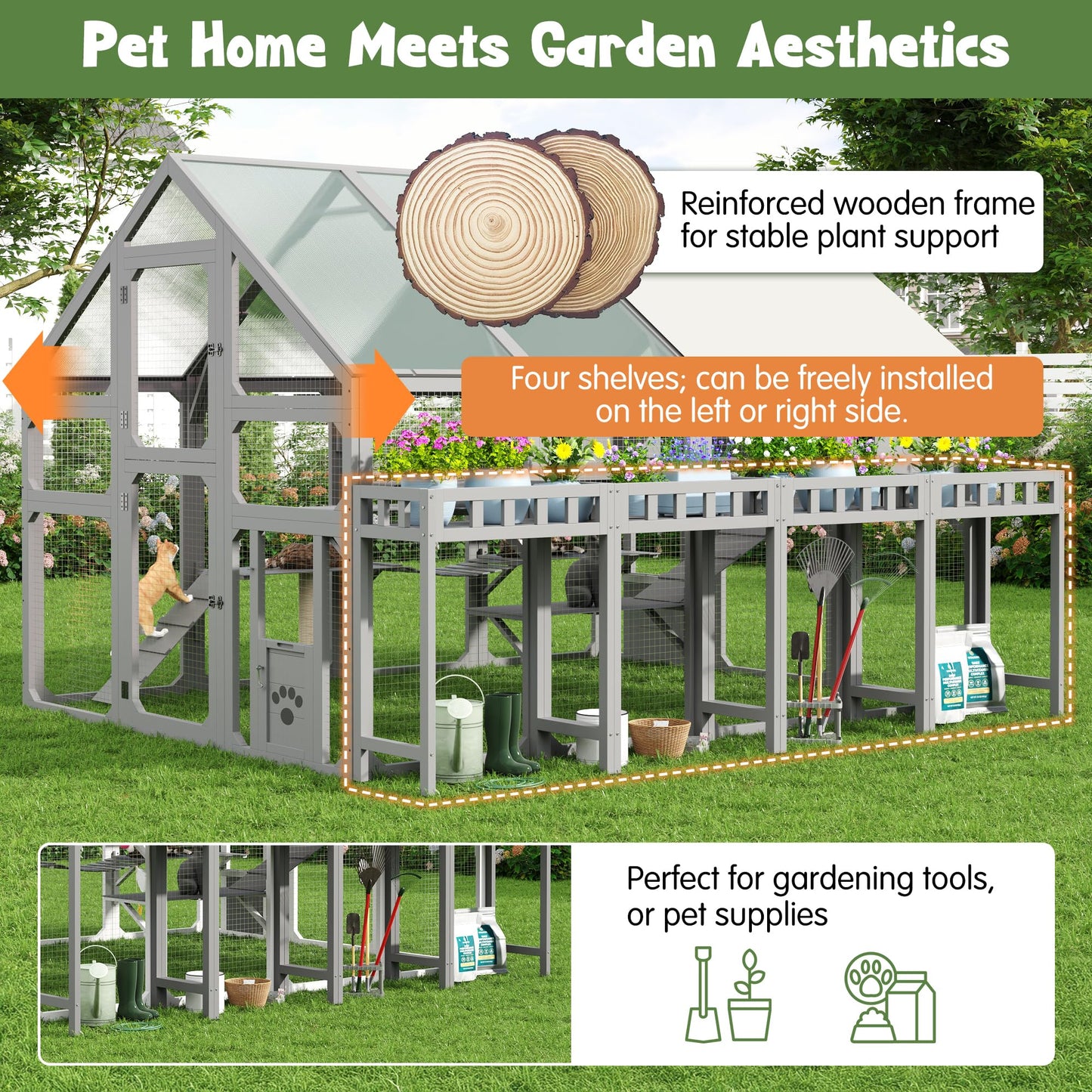 Merax Large Outdoor Cat House with Planter Stand, Wooden Walk-in Catio Enclosure with 8 Platforms, Hanging Bridge, 2 Resting Boxes, Scratching Post, Waterproof Cover for Patio Garden, Grey