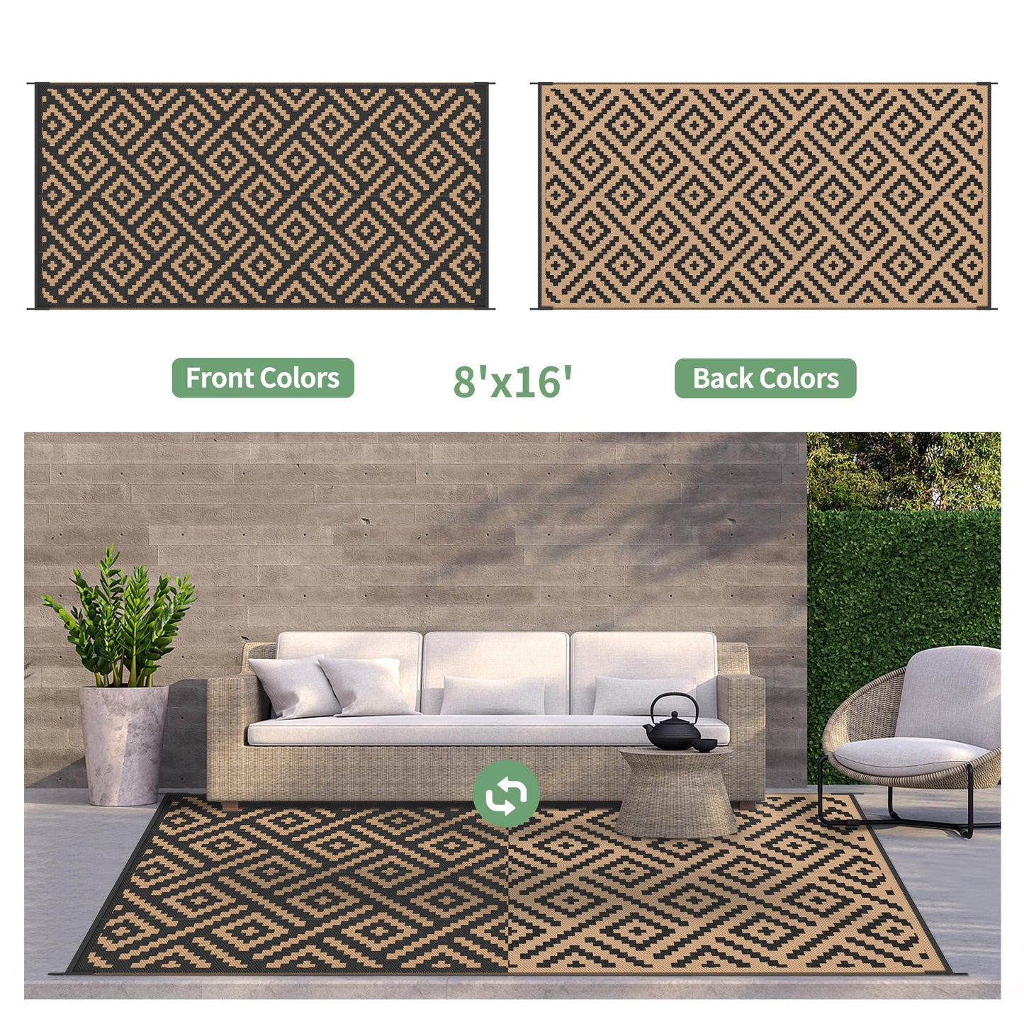 GENIMO Outdoor Rug for Patio Clearance, 8'x16' Waterproof Camping Mat, Reversible Plastic Straw Rugs for RV, Camper, Balcony, Backyard, Picnic, Deck, Black & Brown