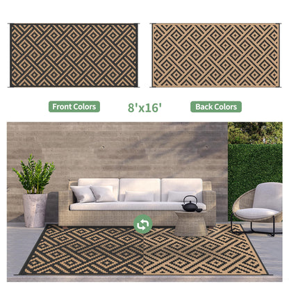 GENIMO Outdoor Rug for Patio Clearance, 8'x16' Waterproof Camping Mat, Reversible Plastic Straw Rugs for RV, Camper, Balcony, Backyard, Picnic, Deck, Black & Brown