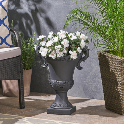 PETALORE Black Urn Planter, Tall Outdoor Flower Pots with Roman Botanical Design, Durable Magnesium Oxide Pedestal Planter for Garden, Patio, or Front Porch Decoration, Weather-