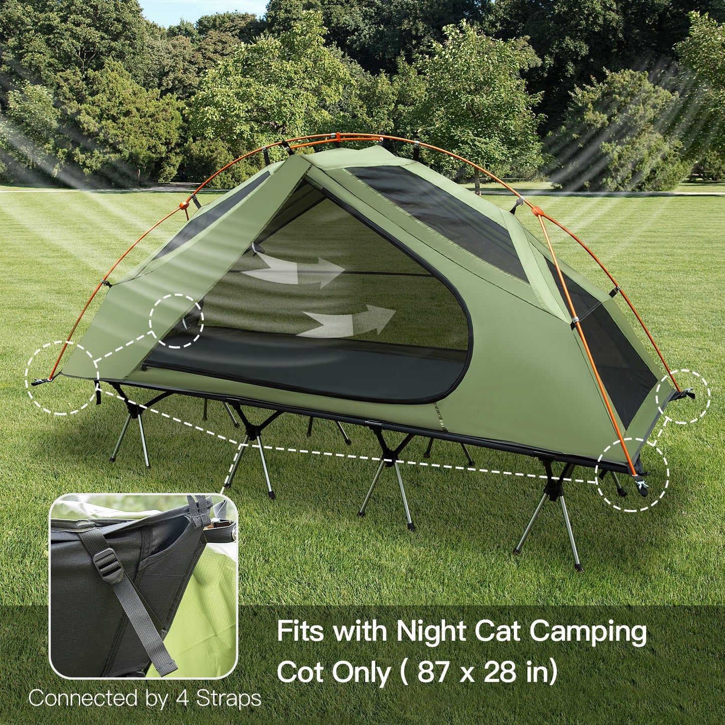 Night Cat Camping Cot Tent with Self-Inflating Sleeping Pad and Camping Sleeping Bag Waterproof 1-Person Off-Ground Combo Cot Bed for Adults Portable Easy Set-up Tent