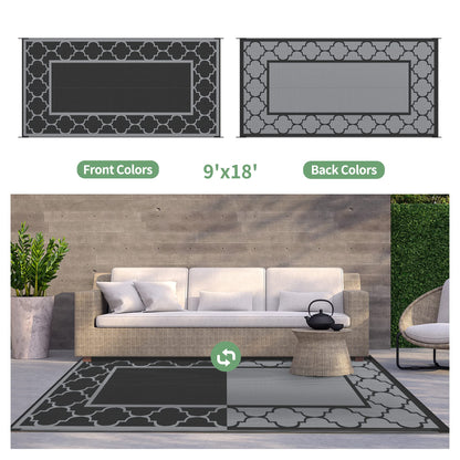 GENIMO 9' x 18' Outdoor Rug Waterproof for Patio, Foldable Reversible Plastic Straw Area Rugs Mat for Rv Decor, Outside Carpet for Camper, Deck, Picnic, Beach, Balcony, Porch, Black & Grey