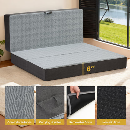 Tri Folding Mattress King Size - 6 Inch Dual-Layer Memory Foam Foldable Mattress Portable Floor Bed Sofa with Removable Washable Cover, Handle & Non-Slip Bottom for Guest, Camping, RV, Yoga, Home Use