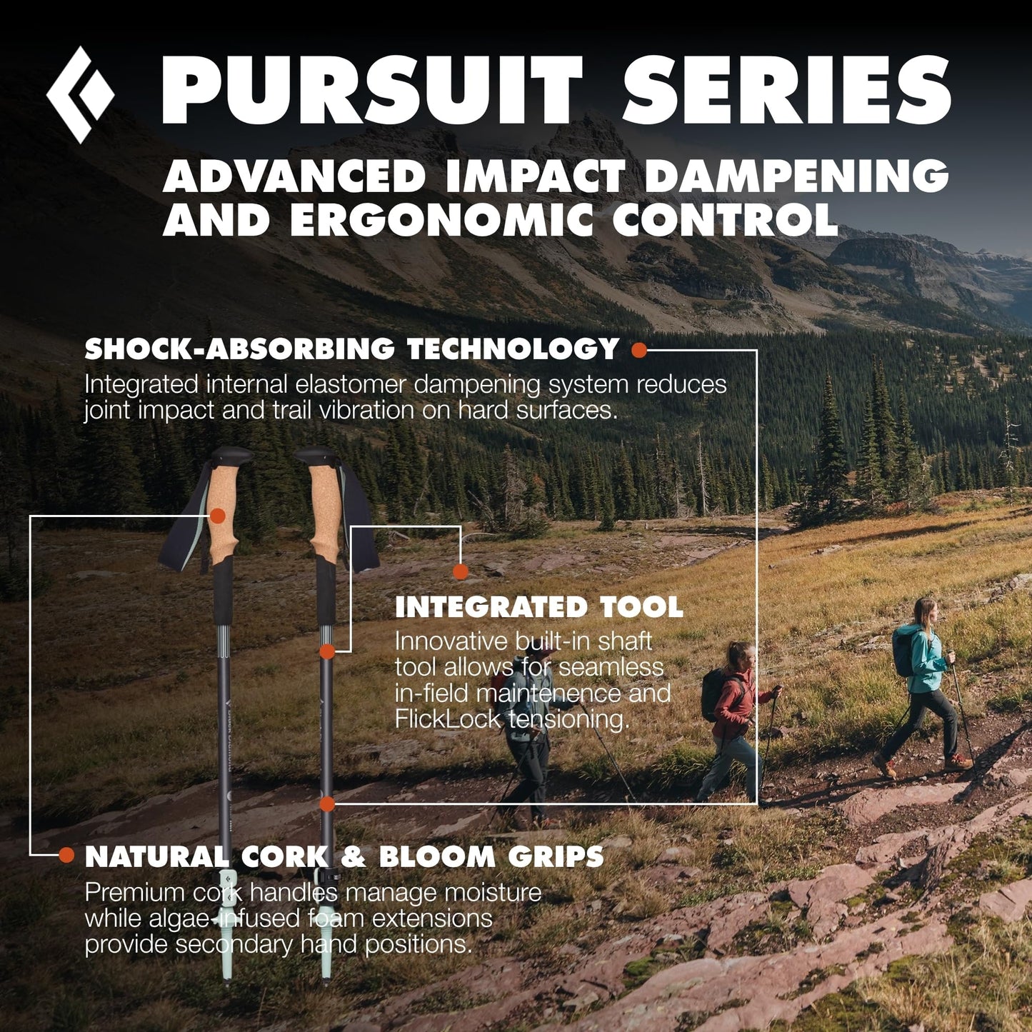 BLACK DIAMOND Pursuit Shock Trekking Poles (Pair)| Shock-Absorbing Design | Adjustable Aluminum | for Hiking & Backpacking | Steel Grey-Foam Green
