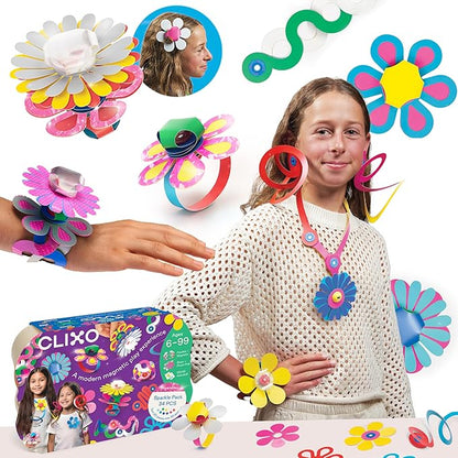 Clixo Sparkle Pack – 34-Piece Magnetic Building Set with Holographic Patterns | Create Necklaces Bracelets &amp Headpieces | Flexible STEAM Toy for Kids Ages 6+