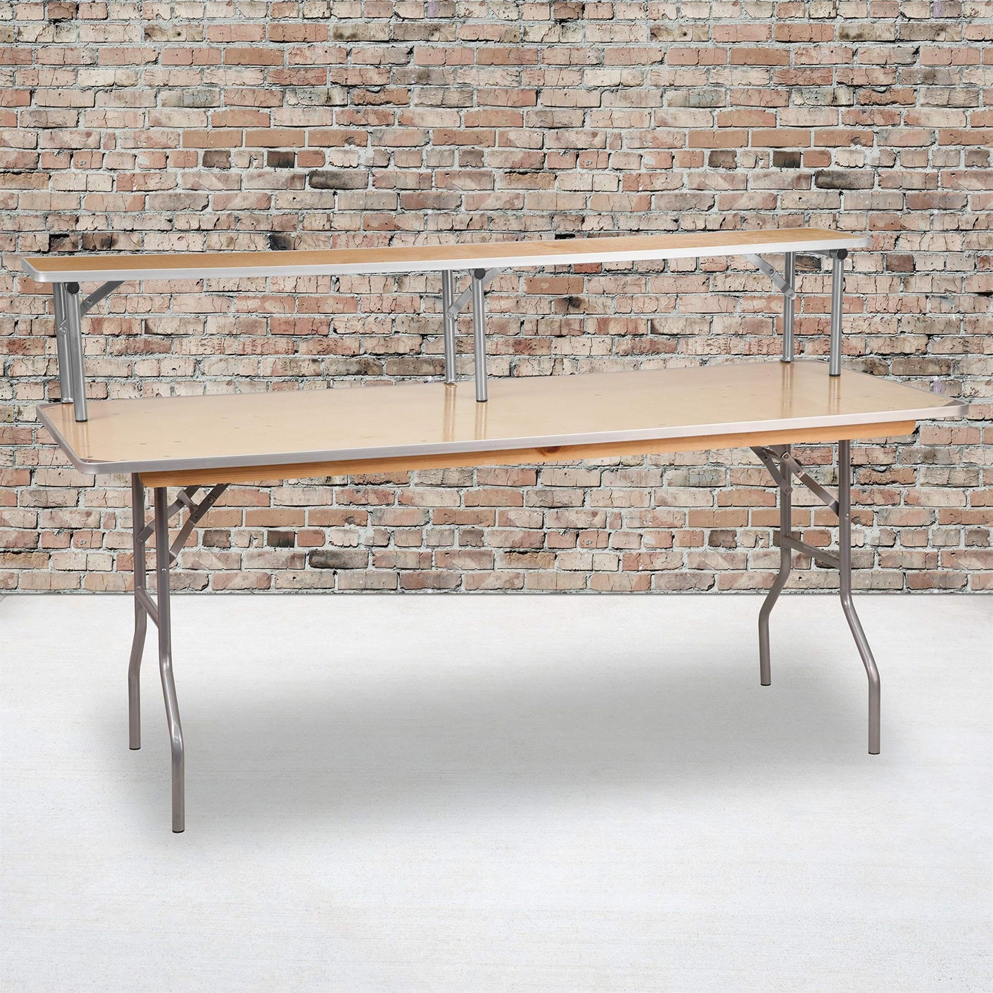 Flash Furniture Amara 72" x 12" x 12" Birchwood Bar Top Riser with Folding Silver Legs, Wooden Foldable and Portable Riser for Event and Bar Tables