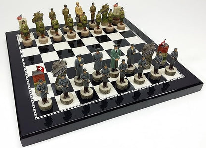 HPL World War 2 US vs Germany Chess Set Hand Painted W/High Gloss Black &amp White Board WW2