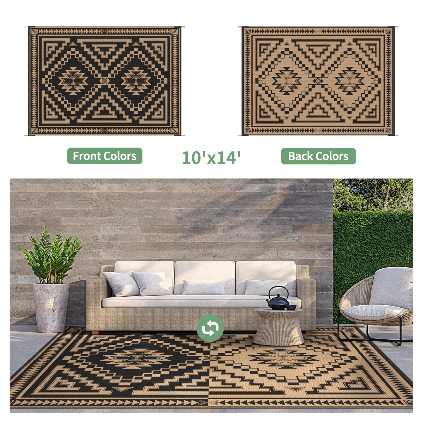 GENIMO Outdoor Rug for Patio Clearance - 10x14 ft Waterproof Plastic Camping Rugs, Reversible Outside Rv Mat Carpet for Porch, Deck, Picnic, Balcony, Beach, Backyard, Black Brown