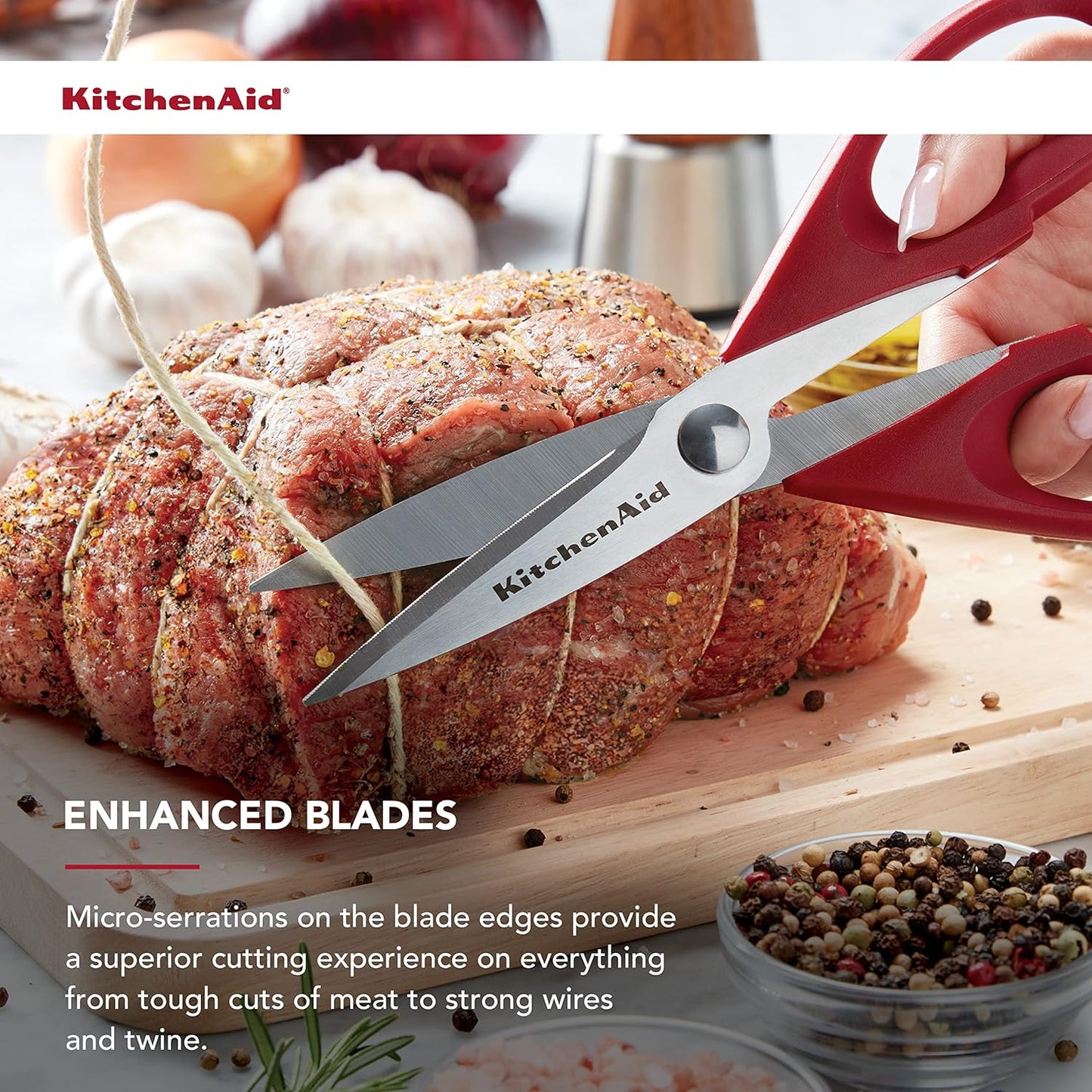 KitchenAid Kitchen Shears - Durable Stainless Steel Scissors with Soft Grip Handle, 8.72 Inch, Red