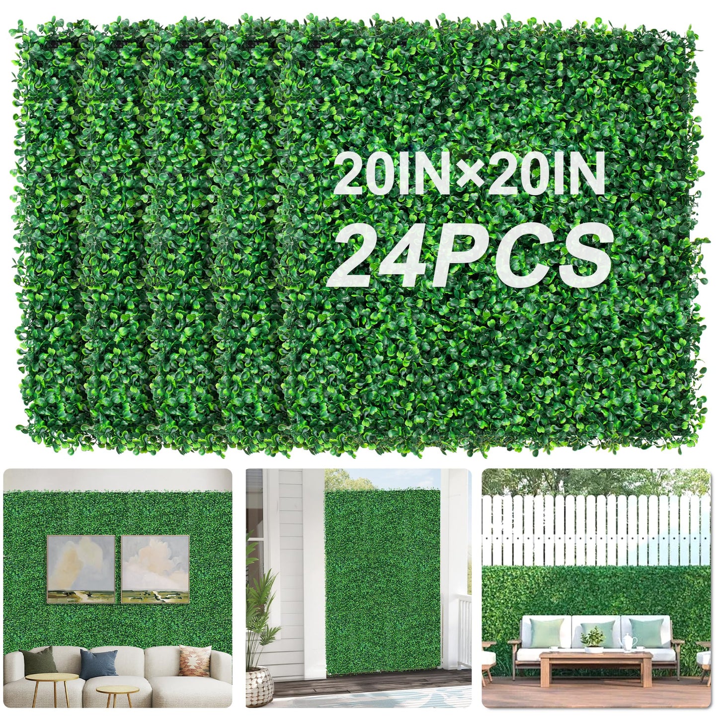 Grewyear Grass Wall Panels 20" X 20" (24Pcs) Greenery Backdrop, Artificial Green Grass Backdrop Boxwood Panels, Greenery Wall Decor Indoor, Privacy Hedge Screen for Outdoor Garden, Patio Decor