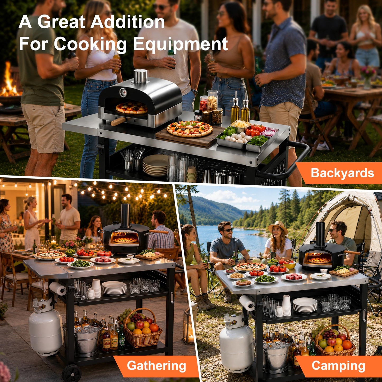 Outdoor Grill Cart for Blackstone/Ooni/Ninja, 43.3"x20" Stainless Steel Outdoor Grill Table with Propane Tank Mount & Wheels, Movable Outdoor Cooking Table with Storage for Pizza Oven, Patio, Camping