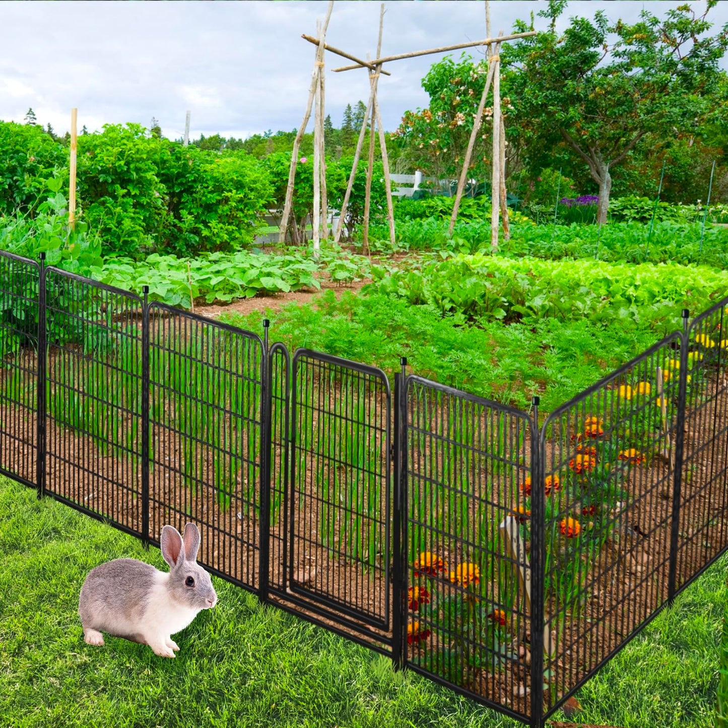 Getlay Garden Fencing 48in High, 8 Panels Total 17.7 Ft(L) Dog Fence Outdoor for Yard, Gate 21 in Wide with Low Sills. Lattice Panels for Outside, Dog Digging Fence Barrier, Garden Fences and Borders