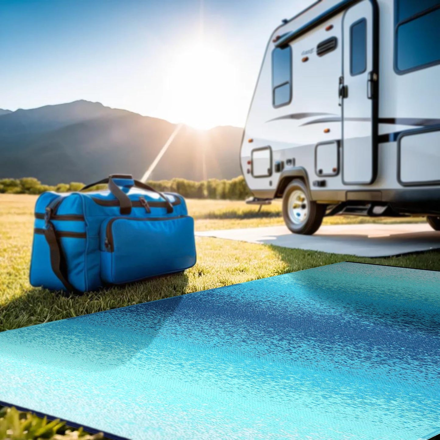 Lush Ambience Outdoor Rug - Waterproof, Washable, Reversible, Stain Resistant, Foldable Carpet - Recycled Plastic Straw Large Area Rugs for Patio, Picnic, Camping, Farmhouse - Murat Blue Teal 9X12 ft