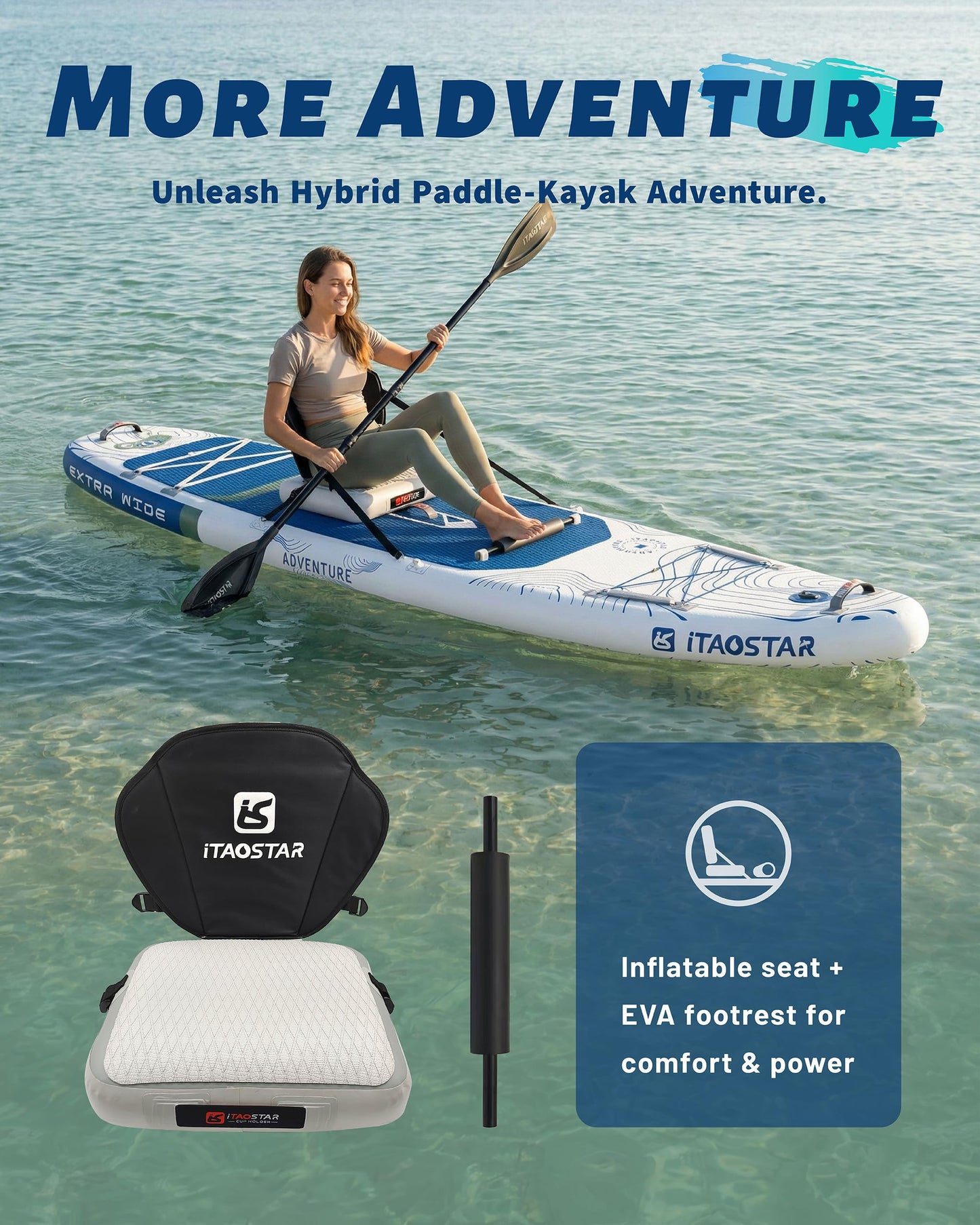 iTAOSTAR Adventure 12' × 35" Inflatable Stand Up Paddle Board with Seat, Extra Wide SUP Board with 5 Fins Stable Design for Adults, Youth, All Skill Levels, Lakes, Oceans & Fishing