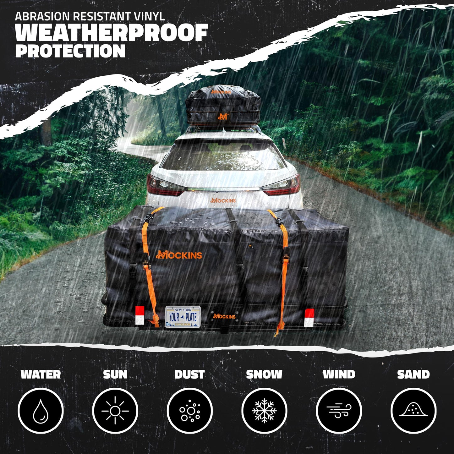 Mockins Folding Luggage Rack for SUV Car Truck ATV & More | 500 lb. Capacity Steel Trailer Hitch Cargo Carrier 60"x20"x6" w/ 16 Cu Ft Waterproof Cargo Bag for Hitch Carrier & Cargo Trailer Accessories