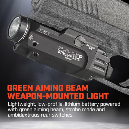 Streamlight 69473 TLR-10 G Flex 1000-Lumen Rail-Mounted Tactical Weapon Light with Integrated Green Aiming Laser, Rear Switch Options, and Key Kit, Black