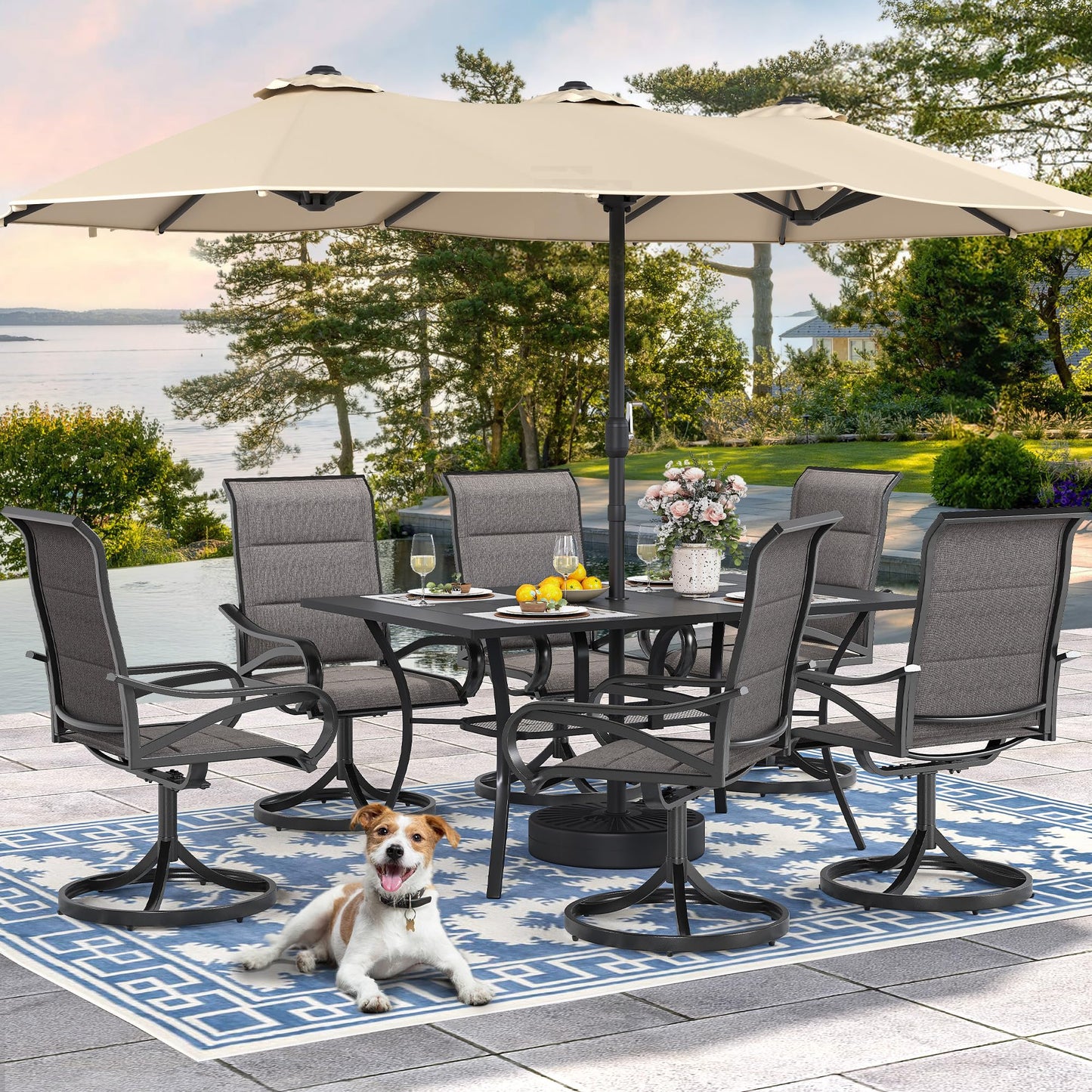 DWVO 4 Set Padded Outdoor Swivel Chairs, Exclusive Swivel Patio Chairs w/Sturdy Metal Frame & Cozy Padded High Back, All Weather Patio Swivel Chairs for Backyard Deck Garden, Gray