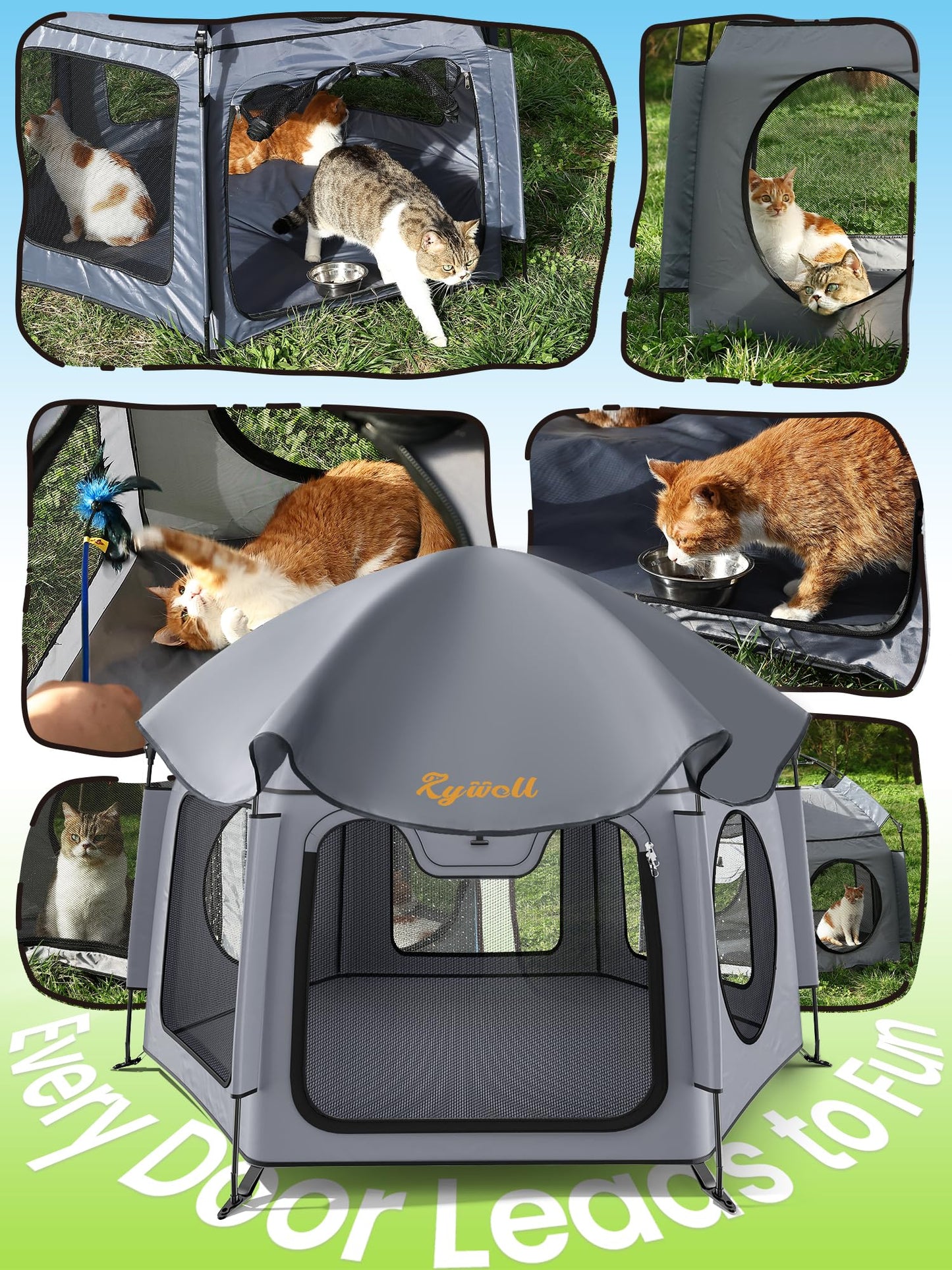 Catio Outdoor Cat Enclosure, Rywell 55” Extra Large Catio Pop Up Indoor Outdoor, Portable Cat Playpen Weatherproof with Removable Sunshade, Easy Setup Pet Enclosure for Cats Dogs