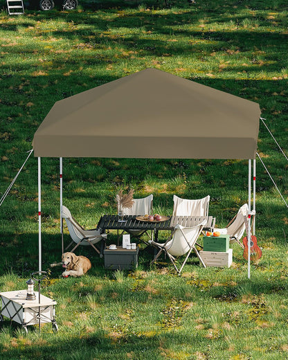 10x10 Pop Up Canopy with One Button Push Setup - Heavy Duty Outdoor Canopy Tent with Portable Roller Bag - 3 Adjustable Height, 4 Weight Bags, 8 Stakes & 4 Guy Ropes Included, Khaki