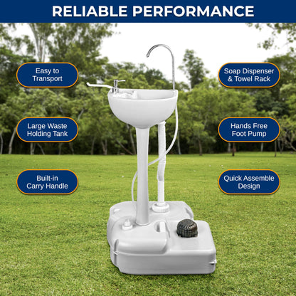 SereneLife Portable Camping Sink – Hand Washing Station with Foot Pump, 17L Fresh Water Tank, 24L Waste Tank, Soap Dispenser, Rolling Wheels & Quick Assembly for RV, Outdoor Events & Job Sites