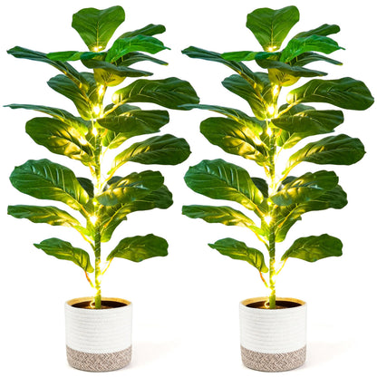 Der Rose 2 Pack 30" Artificial Fiddle Leaf Fig Tree with Warm LED Lights – Battery Powered, Mid-Size Fake Plants for Living Room, Bedroom, Entryway & Home Decor
