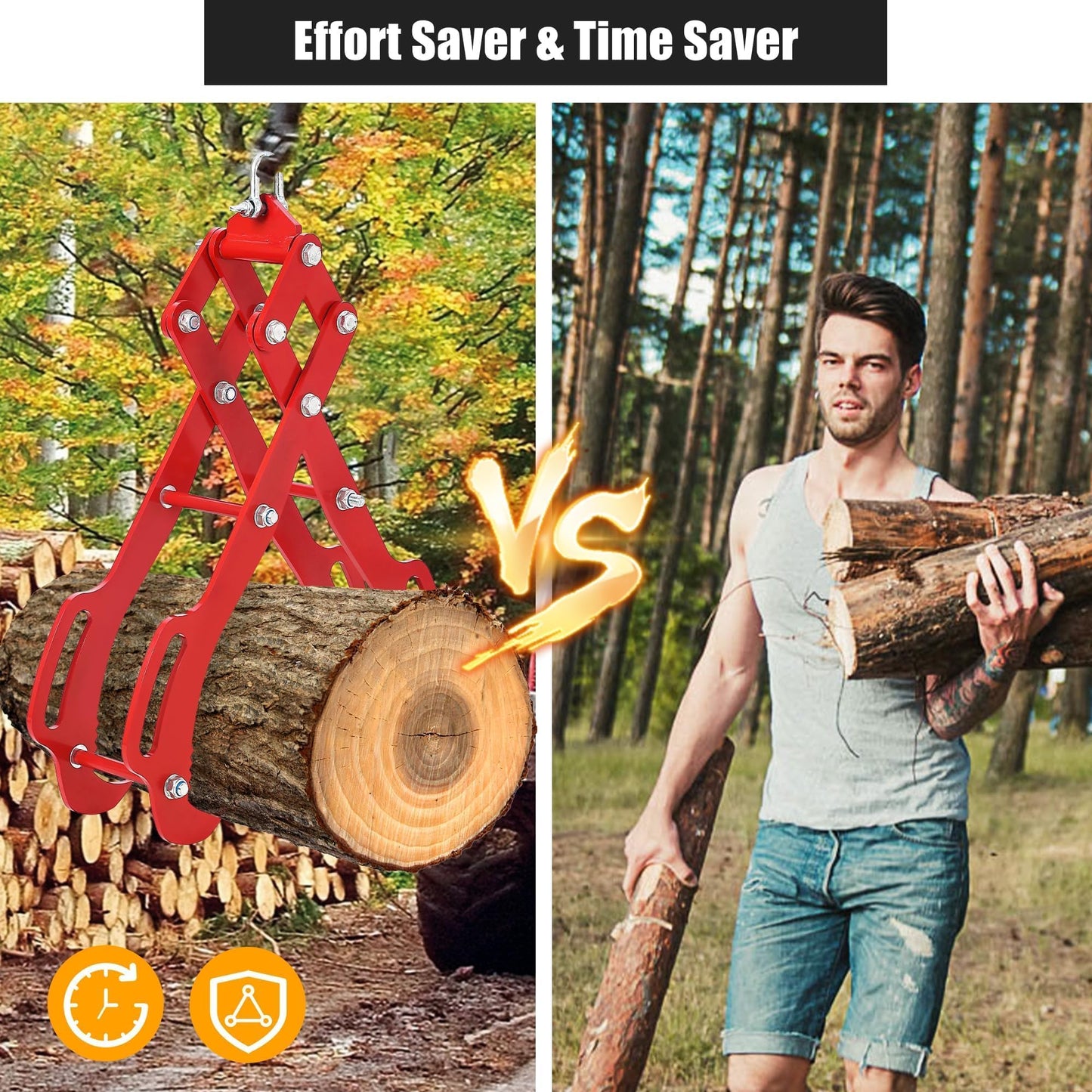 GarveeHome 36 in Logging Tongs with 4 Claws, Log Grapple Hook for Timber and Firewood, 360 Degree Swivel, Heavy Steel Log Grabber for Tractor, Skidder, Material Handling, 3000 LB Capacity, Red