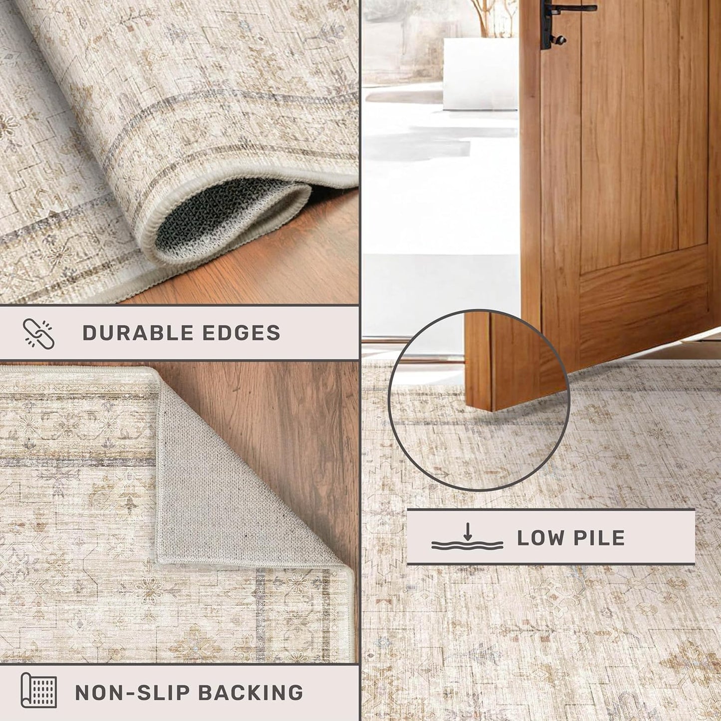 Beige Floral Runner Rug - 3x12 Washable Non-Slip Low-Pile | Vintage Distressed Oriental Carpet